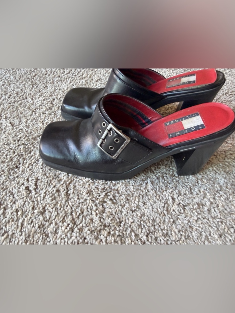 Vintage 🔥Tommy Hilfiger Black Leather square toe Buckle Mules with Red insole
